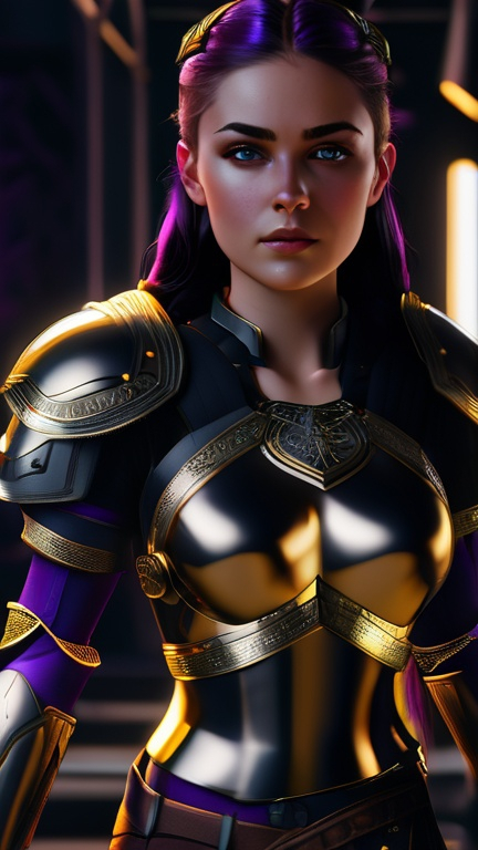 Prompt: Digital art, 20-year-old woman viking, dark purple hair, one braid, light blue eyes, black gear, gold armor, unreal engine 8k octane, 3d lighting, full body, full armor