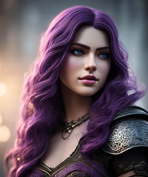 Prompt: she has dark purple hair, create most beautiful fictional female viking princess warrior, dark purple hair, light blue eyes, extremely detailed environment, detailed background, intricate, detailed skin, professionally color graded, photorealism, 8k, moody lighting