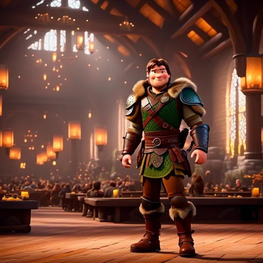 Prompt: <mymodel> viking man, lawyer, thin, small stature, standing in The Great Hall, medium length brown hair, brown eyes, no armor, European-like brown gear, brown leather vest, long sleeve green shirt underneath the brown leather vest, black highlights on his clothes, brown pants, brown boots, historical, strong and natural lighting