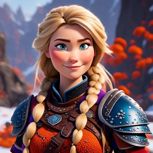 Prompt: <mymodel>CGi Animation, 25-year-old viking woman warrior with blue eyes, a snowy scene, the viking woman has a subtle smile, blonde hair, straight hair, she has red gear, orange armor with bursts of purple textured splotches, black pants, black boots