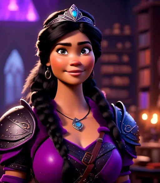 Prompt: <mymodel>CGI Animation, digital art, 20-year-old-old viking woman with light blue eyes, she is standing in her library, she is of royalty, {{black gear, purple armor}}, black hair with purple strands, single braid down her shoulder with a tiara, subtle smile, unreal engine 8k octane, 3d lighting, close up camera shot on the face, full armor