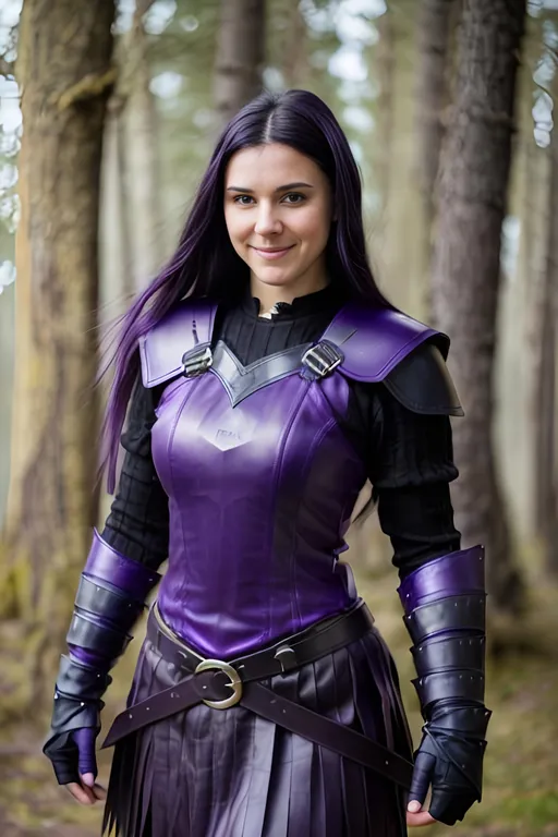 Prompt: Digital Art, 25-year-old viking woman, purple gear, purple clothes, subtle smile, black straight hair, dark purple eyes, a dark purple long-sleeve shirt, textured skirt down to knees, dark purple pants, dark purple armor, long black hair with volume, middle part in hair, leather boots, dark purple gear, unreal engine 64k octane, hdr, 3d lighting, full body, full armor