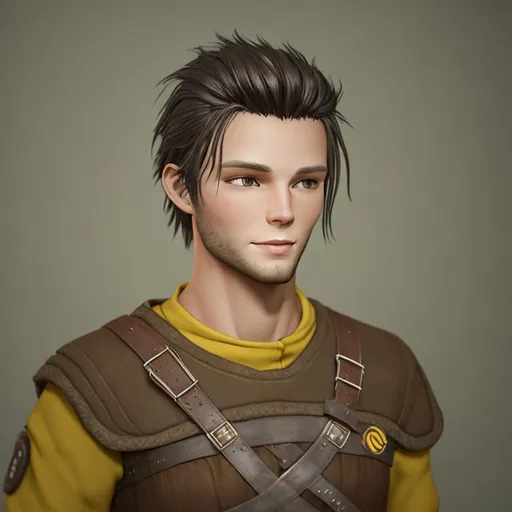 Prompt: Digital art, 25-year-old viking man, viking gear, black hair, short black stubble beard, subtle smile, brown eyes, yellow viking gear, adventurer, unreal engine 8k octane, 3d lighting