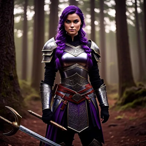 Prompt: Photo of <mymodel> with an angry look with her sword, she is standing in the forest