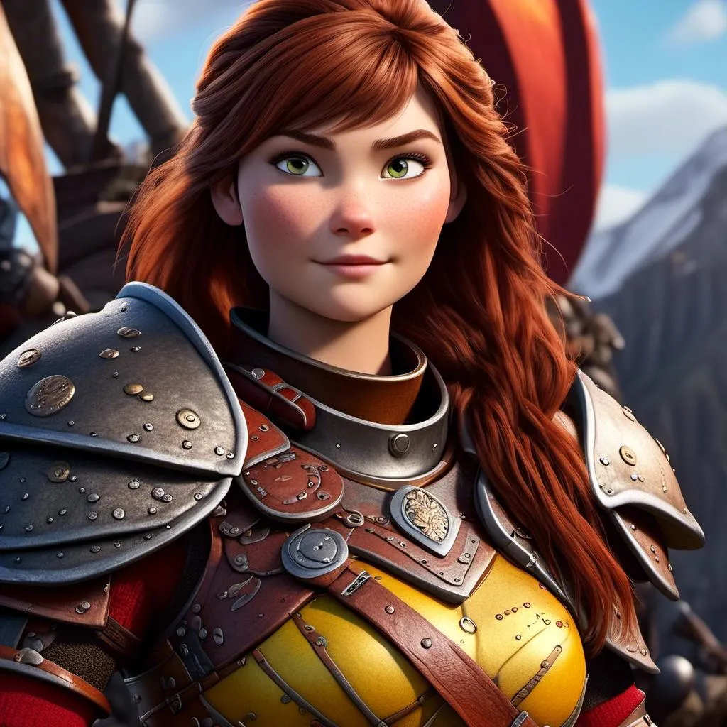 Prompt: <mymodel>CGI Animation of a viking female, brown hair, hazel eyes, bright red gear and armor, yellow highlights and textures, intricate details, high quality, digital painting, cool tones, dramatic lighting