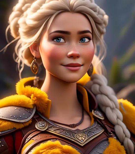 Prompt: <mymodel>CGI Animation, digital art, 20-year-old-old viking woman with light blue eyes, yellow clothes, gold colored armor, white hair, double braids down her shoulders with a tiara, subtle smile, unreal engine 8k octane, 3d lighting, close up camera shot on the face, full armor