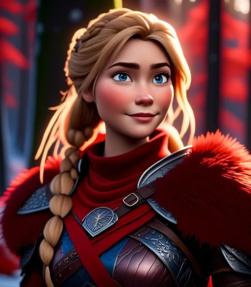 Prompt: <mymodel>CGI Animation, digital art, 20-year-old-old viking woman with light blue eyes standing in a dimly lit forest, blue assassin's creed clothes, red colored armor, blonde straight hair, subtle smile, unreal engine 8k octane, 3d lighting, cinematic lighting, camera shot of full armor from head to toe