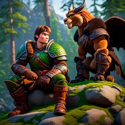 Prompt: <mymodel>Male viking warrior, thin and light muscle build, sitting on a boulder in the forest, there is a large green dragon with a flat body build standing next to the viking, viking has short brown hair, green eyes, green armor, brown gear, brown pants, brown boots, historical, strong and natural lighting, 8K octane, unreal engine