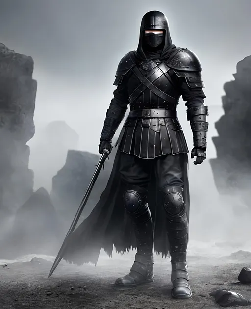 Prompt: Digital Art, a sinister viking man, black armor, black gear, a black helmet fully covering his face, black visor, with a black ponytail coming from the helmet, a long black cloak, black bracers, black pants, black boots, unreal engine 8k octane, 3d lightning