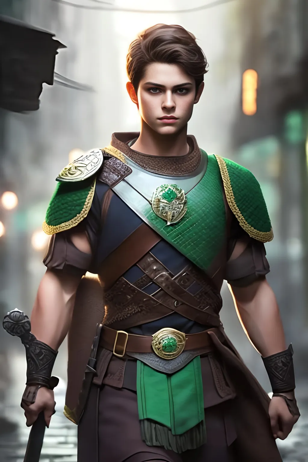 Prompt: he has short brown hair, create most handsome fit fictional male prince viking warrior, short brown hair, light green eyes, extremely detailed environment, detailed background, intricate, detailed skin, professionally color graded, photorealism, 16k, moody lighting