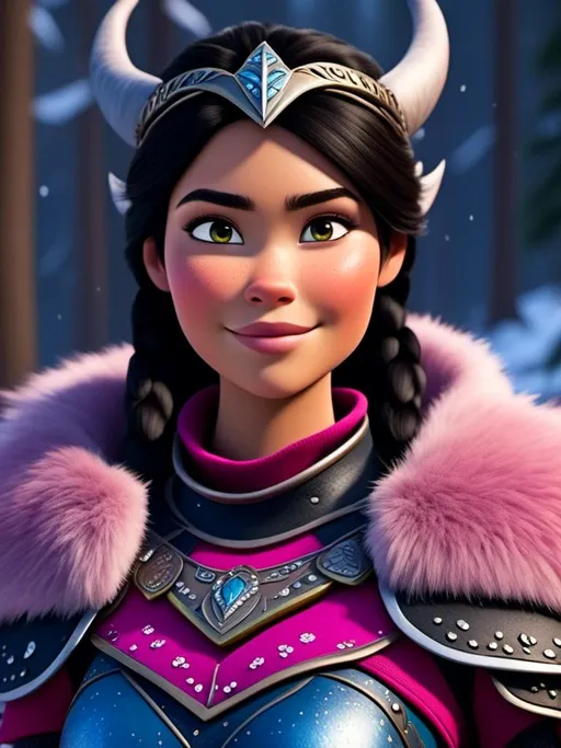 Prompt: <mymodel>CGI Animation, close-up portrait of the face, 20-year-old-old viking woman of royalty standing in the forest, a snowy scene, {{pink gear, blue armor}}, black hair, straight hair with a tiara, subtle smile, unreal engine 8k octane, 3d lighting, close up camera shot on the face, full armor