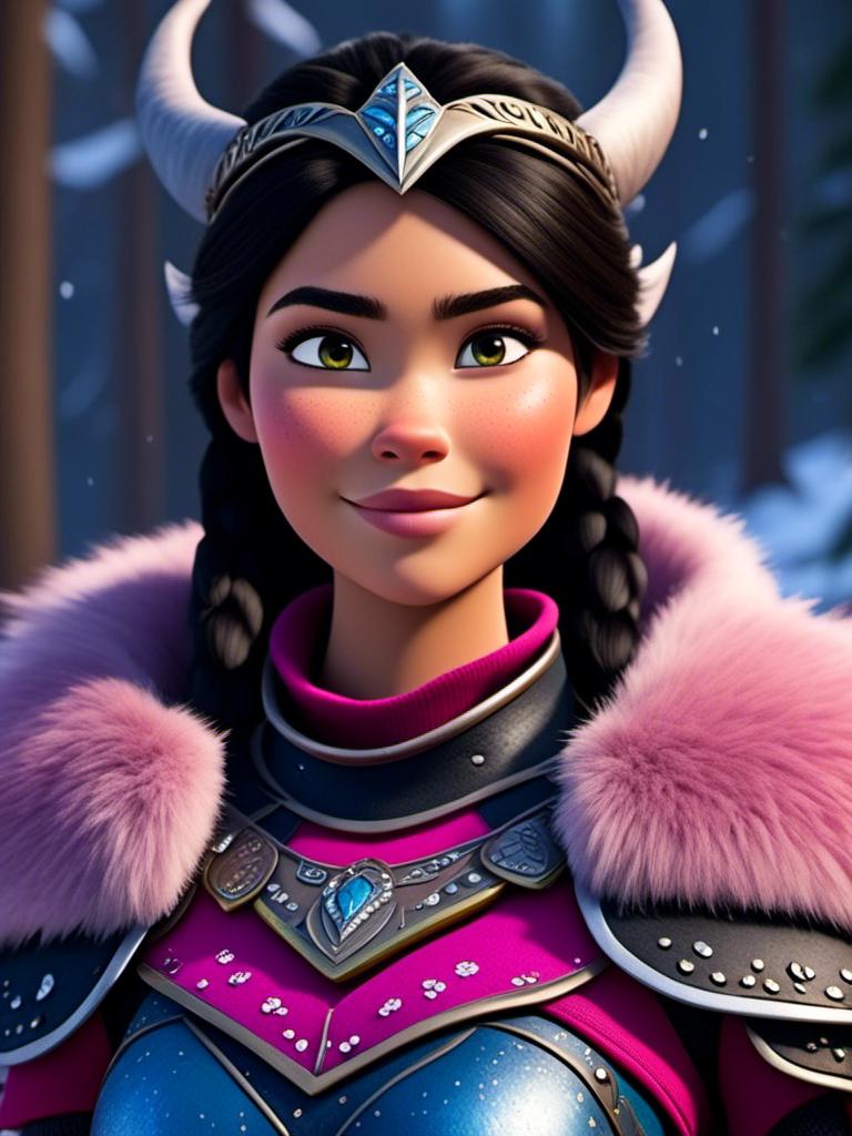 Prompt: <mymodel>CGI Animation, close-up portrait of the face, 20-year-old-old viking woman of royalty standing in the forest, a snowy scene, {{pink gear, blue armor}}, black hair, straight hair with a tiara, subtle smile, unreal engine 8k octane, 3d lighting, close up camera shot on the face, full armor