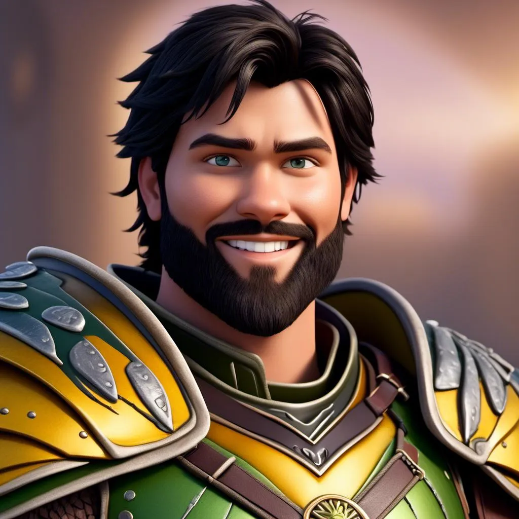 Prompt: <mymodel>Animated CGI style of a fierce ((Caucasian Viking male)) with black hair of the style of side swept undercut, joyous gaze, yellow gear and green armor, realistic clothing textures, high quality, CGI, realistic, viking, male, Caucasian, detailed facial features, highres, professional, intense lighting