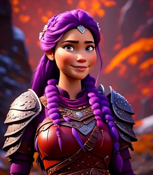 Prompt: <mymodel>CGI Animation, digital art, 20-year-old-old viking woman with light blue eyes, light clothes, purple hair with purple strands, single braid down her shoulder with a tiara, subtle smile, unreal engine 8k octane, 3d lighting, close up camera shot on the face, full armor