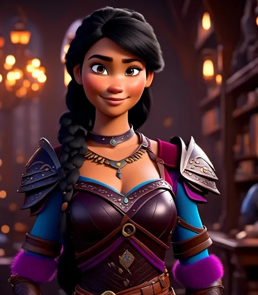 Prompt: <mymodel>CGI Animation, digital art, 20-year-old-old viking woman with light blue eyes, she is standing in her library, she is of royalty, {{black gear, purple armor}}, black hair with purple strands, single braid down her shoulder with a tiara, subtle smile, unreal engine 8k octane, 3d lighting, close up camera shot on the face, full armor