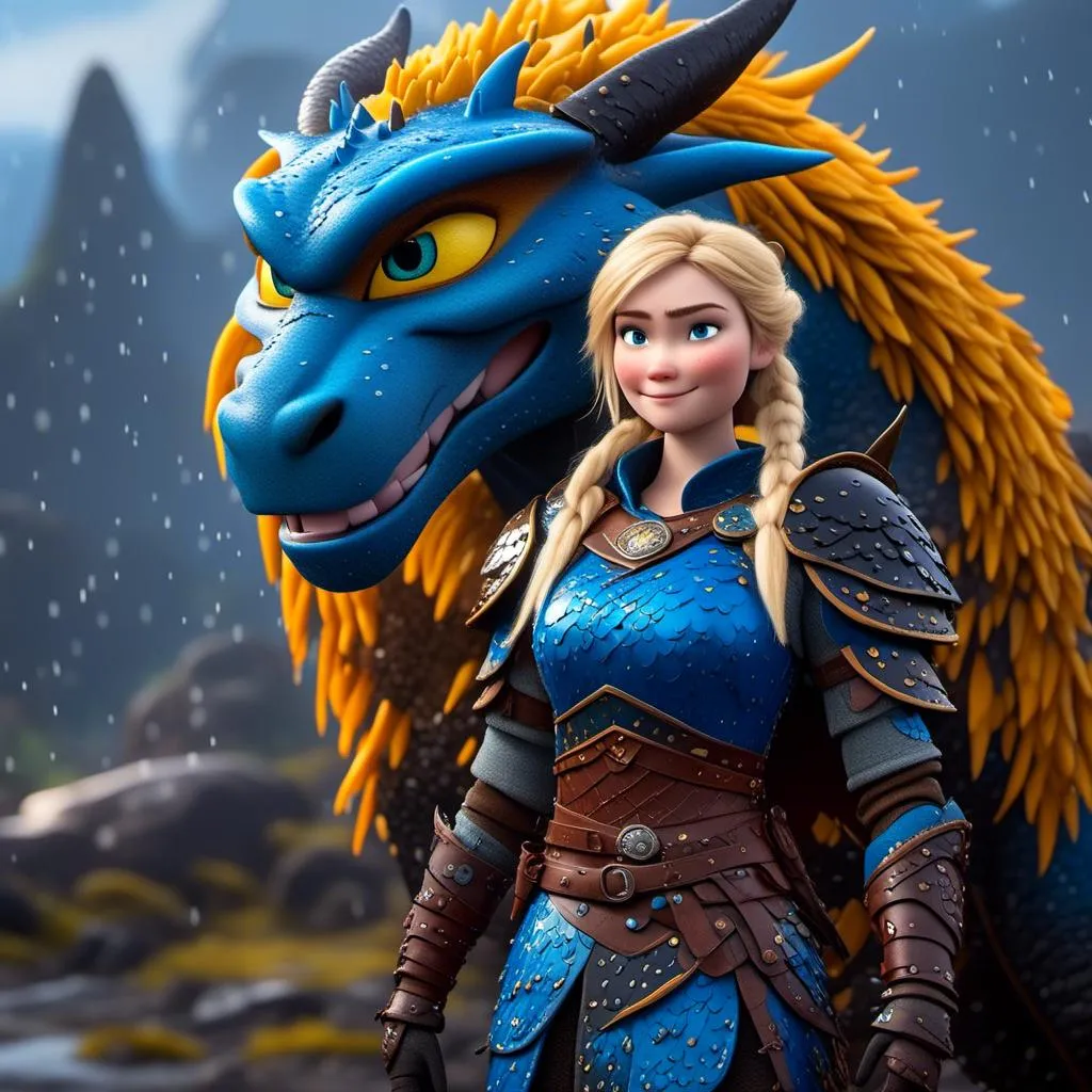 Prompt: <mymodel>CGi Animation, 20-year-old viking woman with blue eyes, a rainy scene, she is standing next to a bright blue dragon with gold highlights, they are both in the rain, the viking woman has a subtle smile, blonde hair in a ponytail style, she has blue gear, gold armor, black pants, black boots