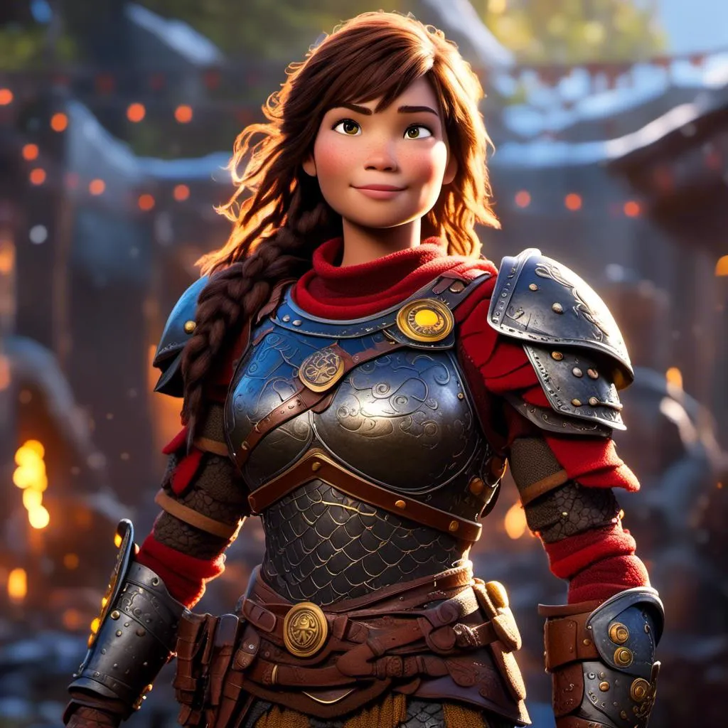 Prompt: <mymodel>CGI Animation of a viking female, brown hair in her face, hazel eyes, bright red gear and light armor, yellow highlights and textures, full light body armor, she has heavy gauntlets on her hands with armored gloves, standing in a viking village, intricate details, high quality, digital painting, cool tones, dramatic lighting