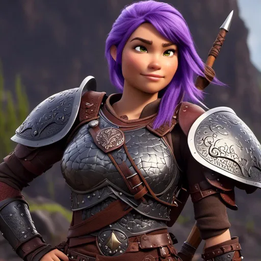 Prompt: <mymodel>Animated CGI style of a fierce ((Caucasian white)) Viking female about 25 years old, ((purple hair with a single braid)), detailed facial features, leather armor, battle axe and shield, intense and determined expression, dynamic and powerful pose, high definition, CGI, detailed armor, fierce female, Nordic designs, battle-ready, dynamic pose, professional lighting