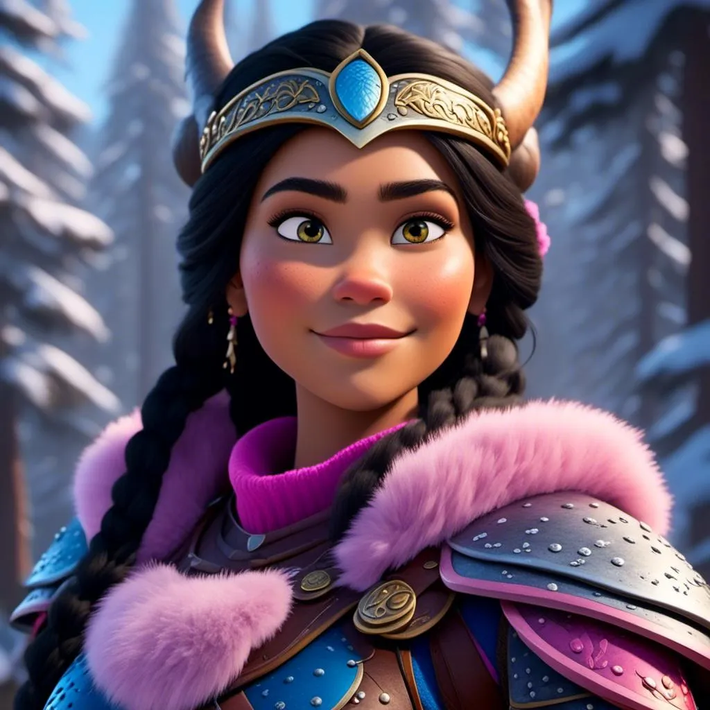 Prompt: <mymodel>CGI Animation, close-up portrait of the face, 20-year-old-old viking woman of royalty standing in the forest, a snowy scene, {{pink gear, blue armor}}, black hair, straight hair with a tiara, subtle smile, unreal engine 8k octane, 3d lighting, close up camera shot on the face, full armor