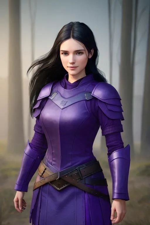 Prompt: Digital Art, 25-year-old viking woman, purple gear, purple clothes, subtle smile, black straight hair, dark purple eyes, a dark purple long-sleeve shirt, textured skirt down to knees, dark purple pants, dark purple armor, long black hair with volume, middle part in hair, leather boots, dark purple gear, unreal engine 64k octane, hdr, 3d lighting, full body, full armor