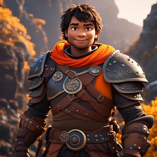 Prompt: <mymodel>CGI Animation of a viking male, black short wavy hair, hazel eyes, bright orange gear and humble armor, yellow highlights and textures, full body picture, standing in a viking village, intricate details, high quality, digital painting, bright energetic tones, dramatic lighting