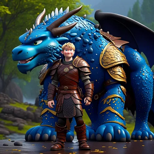 Prompt: <mymodel>CGi Animation, 20-year-old viking man with blue eyes, a rainy scene, he is standing next to a bright blue dragon with gold highlights, they are both in the rain, the viking man has a subtle smile, blonde hair, he has blue gear, gold armor, black pants, black boots