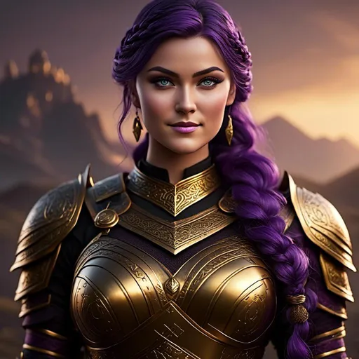 Prompt: create <mymodel> with vibrant colors, subtle smile, 23-year-old woman viking, dark purple hair, one braid, black pants, light blue eyes, cut over left eye to on cheekbone, black gear, gold armor, unreal engine 8k octane, 3d lighting, full body, full armor