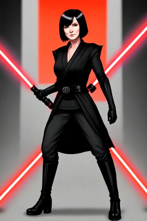 Prompt: A young woman Sith lord, with black short-length hair, black pants, a subtle smile, a black short sleeve shirt, a black vest past the waist, a black belt, black boots, two lightsabers one red and one light pink