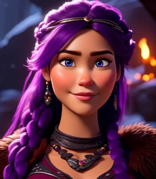 Prompt: <mymodel>CGI Animation, digital art, 20-year-old-old viking woman with light blue eyes, in a cave with dim torches, she is of royalty standing, {{black gear, purple armor}}, purple hair, single braid down her shoulder with a tiara, subtle smile, unreal engine 8k octane, 3d lighting, close up camera shot on the face, full armor