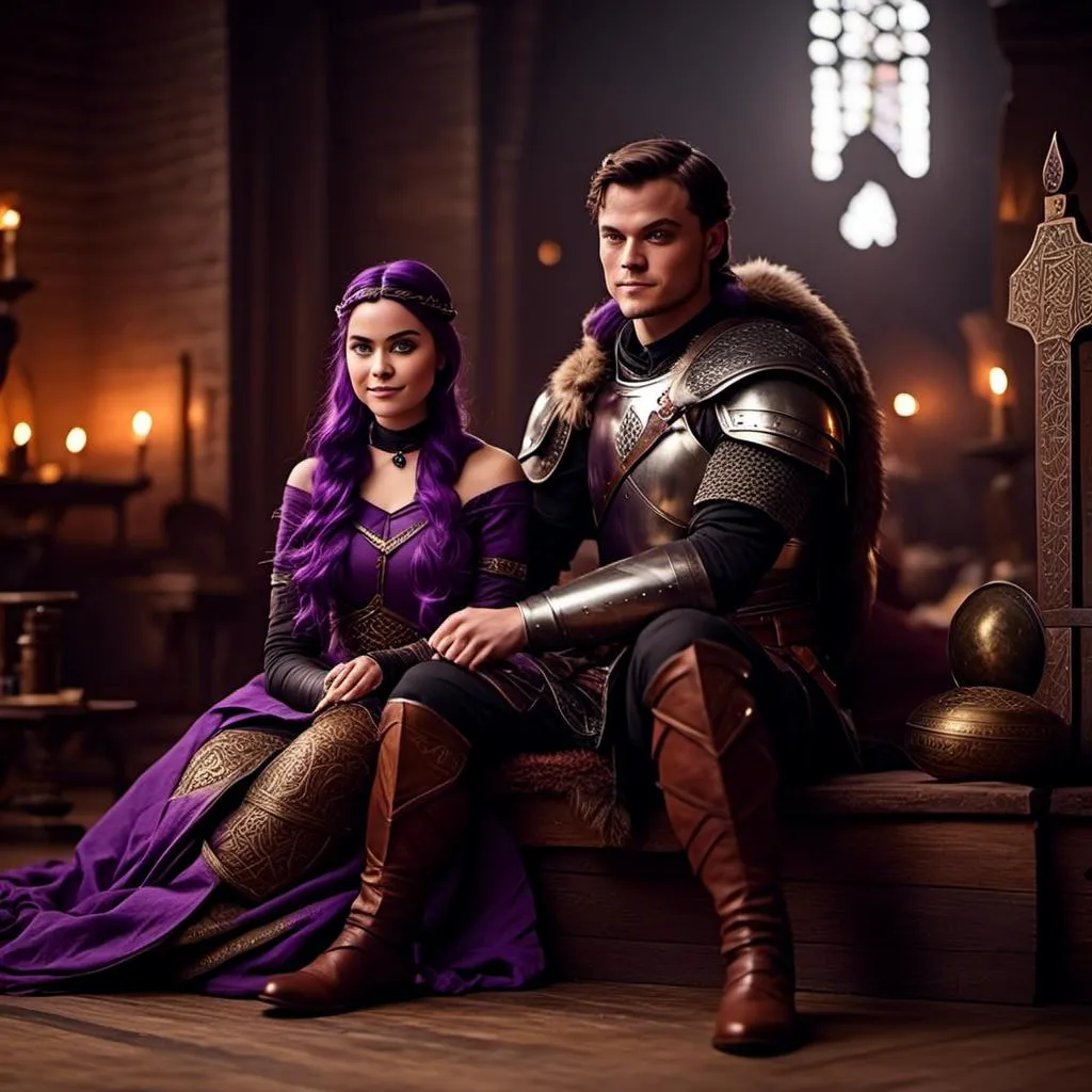 Prompt: Photo of a young <mymodel> sitting at the in the viking Great Hall from How to Train Your Dragon discussing politics with her husband a young Jarl Mollerson, ((he has short brown hair and no beard))