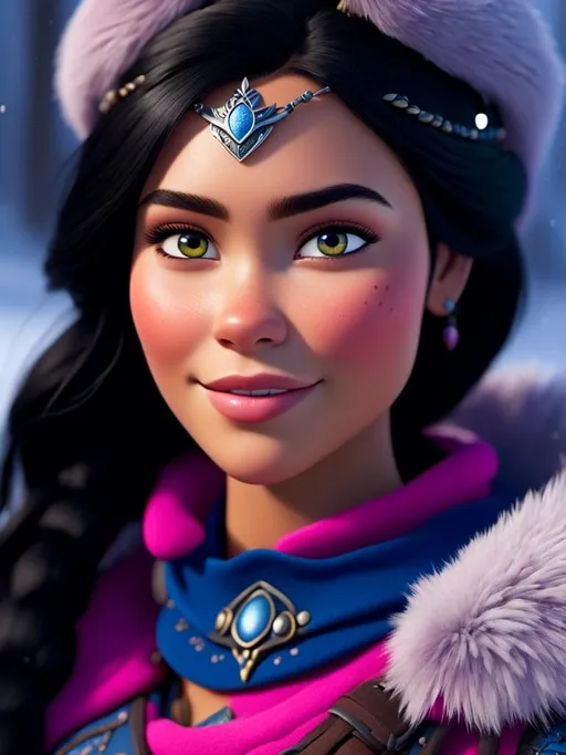 Prompt: <mymodel>CGI Animation, close-up portrait of the face, 20-year-old-old viking woman of royalty standing in the forest, a snowy scene, {{pink gear, blue armor}}, black hair, straight hair with a tiara, subtle smile, unreal engine 8k octane, 3d lighting, close up camera shot on the face, full armor