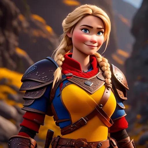 Prompt: <mymodel>CGi Animation, 20-year-old viking woman with one hair braid, subtle smile, blonde hair, blue eyes, blue gear, yellow armor, red clothes, yellow textures and highlights, unreal engine 8k octane, 3d lighting, full body, full armor