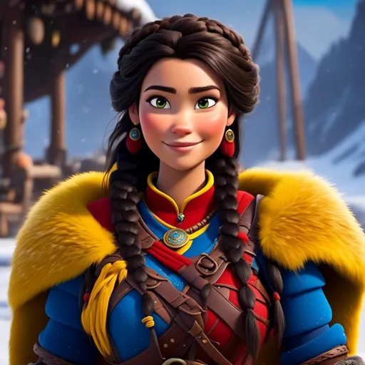 Prompt: <mymodel>CGI Animation, close-up portrait of the face, 20-year-old-old pirate viking woman sitting on a snow bank, a snowy scene, {{yellow gear, blue armor}}, black hair, beads in hair pulled back for straight hair, subtle smile, beads hair, small red earrings, multiple braids, yellow gear, straight hair, green eyes, bracelets, rings on fingers, mercenary gear, unreal engine 8k octane, 3d lighting, close up camera shot on the face, full armor