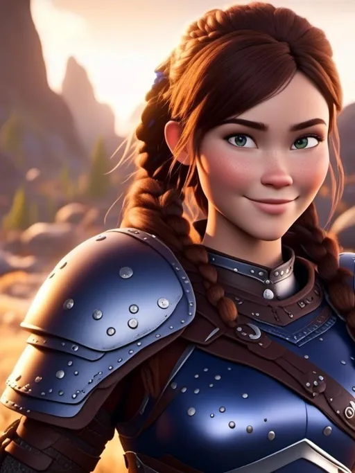 Prompt: <mymodel>Digital art, 18-year-old viking woman, subtle smile, cobalt blue gear, cobalt blue armor, brunette hair, two braids, dark brown eyes, unreal engine 8k octane, 3d lighting, full body, full armor