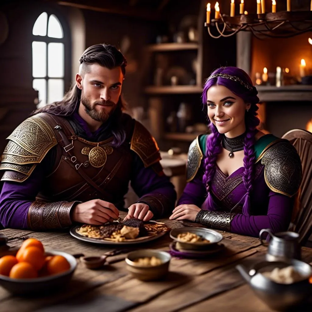 Prompt: Photo of a young <mymodel> sitting at the supper table with her husband a young Jarl Mollerson, he has short brown hair and no beard, they are in their viking house