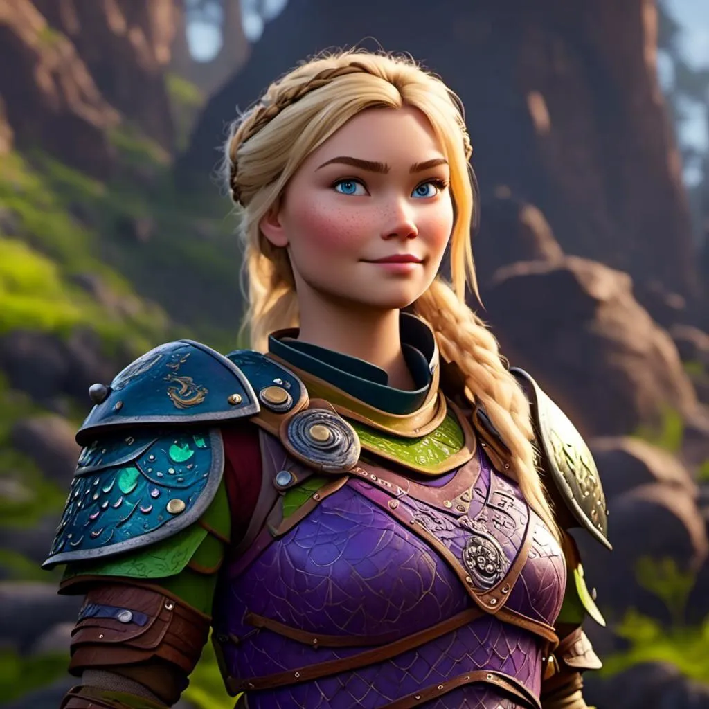 Prompt: <mymodel>CGI Animation of female viking, blonde straight hair a hairband, blue eyes, bright purple and green armor, yellow highlights dor gear and textures, full light body armor, standing in a viking village, intricate details, high quality, digital painting, cool tones, dramatic lighting