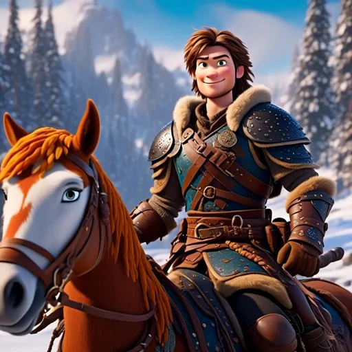 Prompt: <mymodel>CGI Animation, 20-year-old pirate man, rides a palomino horse through the snowy, a snowy scene, {{brown gear, silver armor}}, brunette hair, dreadlocks, subtle smile, beads hair, multiple braids, straight hair, blue eyes, bracelets, rings on fingers, mercenary gear, unreal engine 8k octane, 3d lighting, full body, full armor