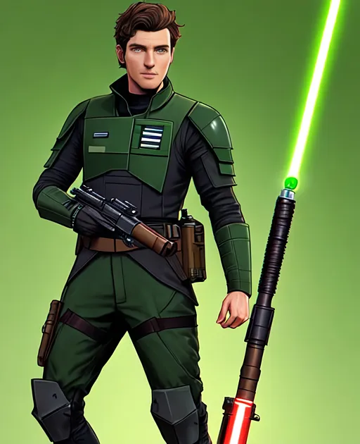 Prompt: Digital Art, 26-year-old man on Lothal in Star Wars, green lightsaber, green eyes, short brown hair, star wars pilot, green gear, gear armor, tactical belt, long sleeve shirt, brown pants, unreal engine 8k octane, full body, full gear