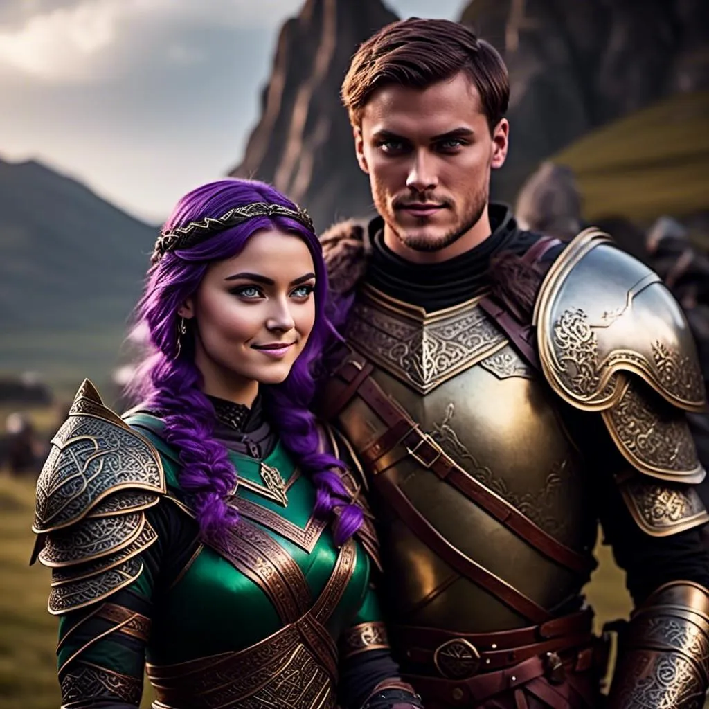 Prompt: Photo of <mymodel> standing next to her young husband Jarl Mollerson who has green gear and silver armor and short brown hair, she is slightly shorter than him