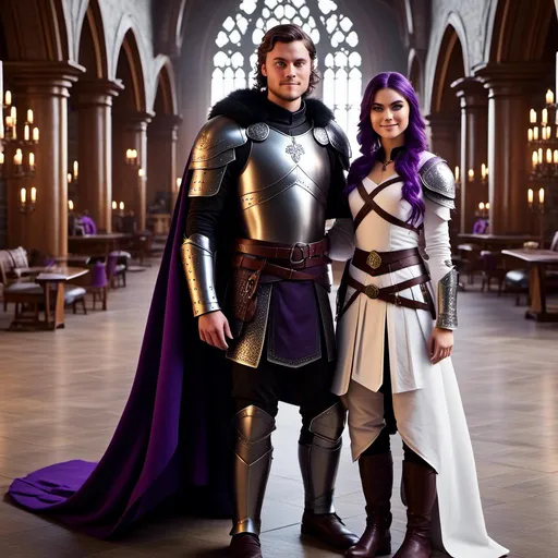 Prompt: Photo of <mymodel> standing in The Great Hall from How to Train Your Dragon with her husband Jarl Everson who is 24-years old who has brown (((short))) wavy hair