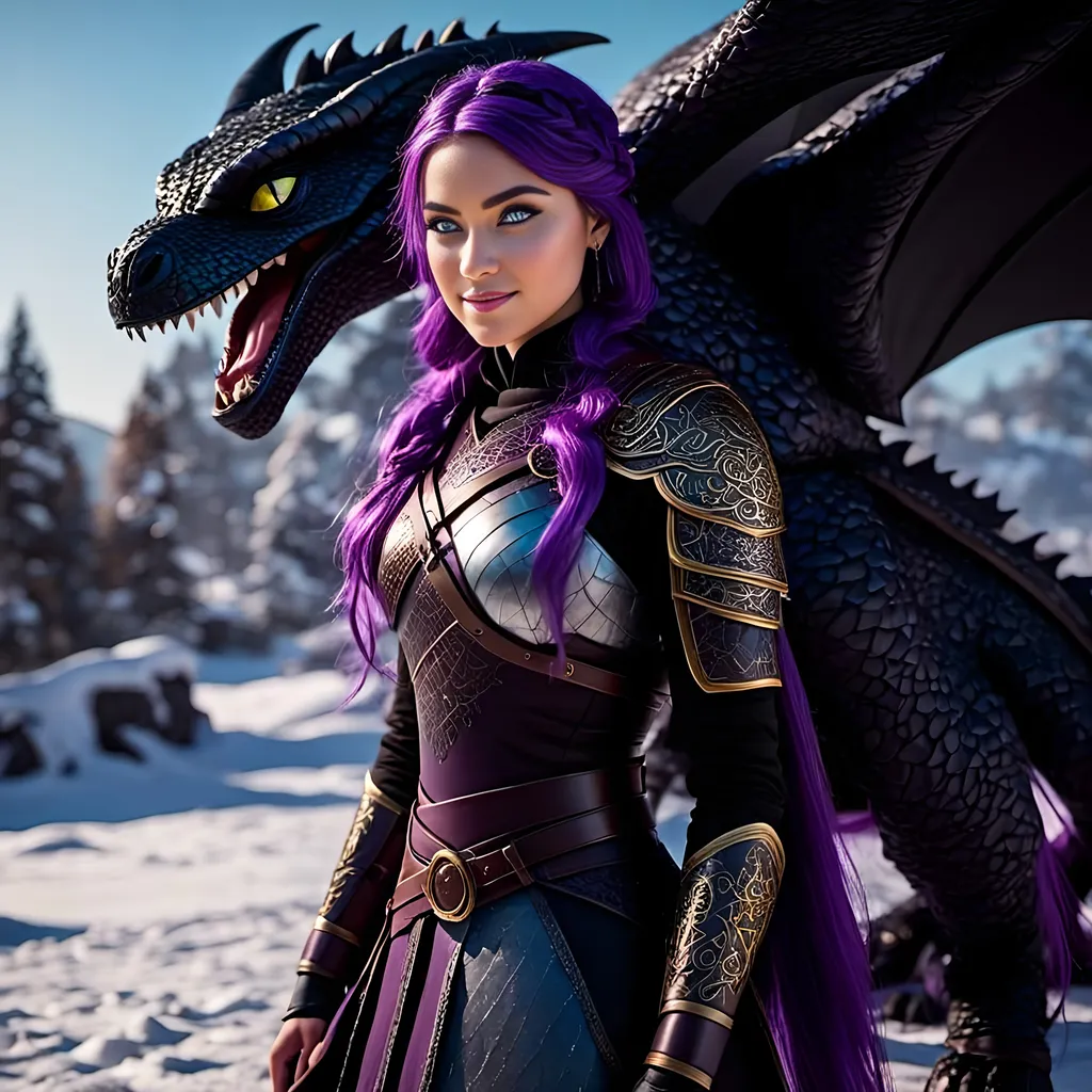 Prompt: Photo of <mymodel> standing next to her ((black)) razorwhip dragon from How to Train Your Dragon in the snow, she has light blue eyes