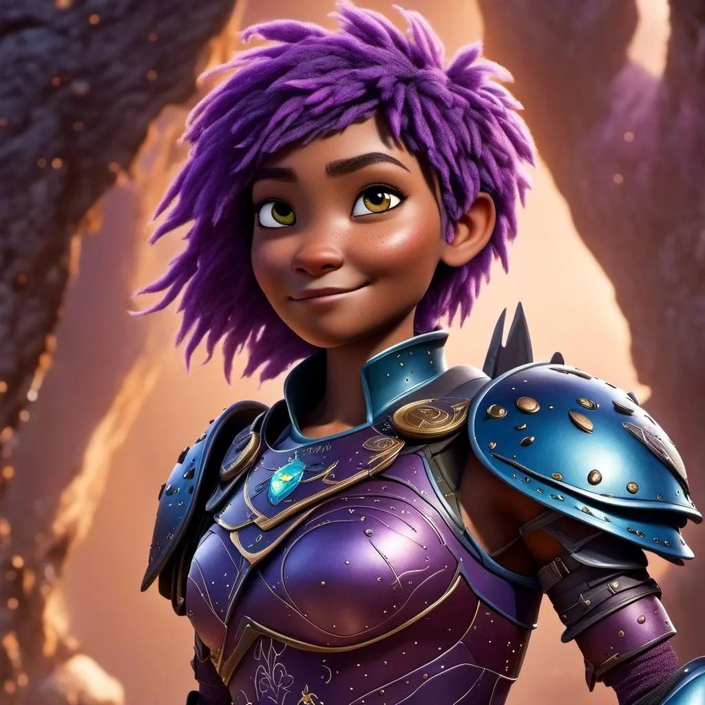 Prompt: a photo of <mymodel>, a {{{caucasian viking female}}} with purple hair and purple gear and armor with bursts of blue textures