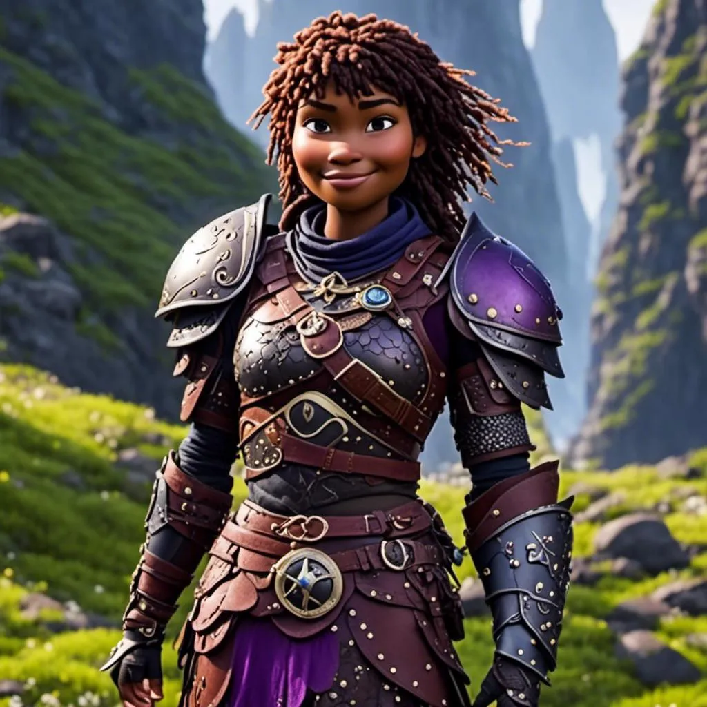 Prompt: a photo of <mymodel>, a viking female with purple gear and armor