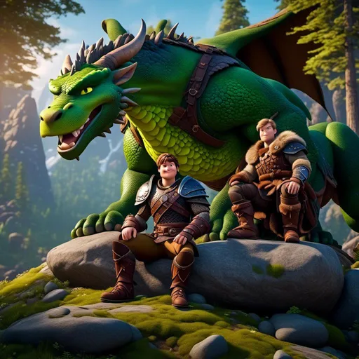 Prompt: <mymodel>Male viking warrior, thin and light muscle build, sitting on a boulder in the forest, there is a large green dragon with a flat body build standing next to the viking, viking has short brown hair, green eyes, green armor, brown gear, brown pants, brown boots, historical, strong and natural lighting, 8K octane, unreal engine