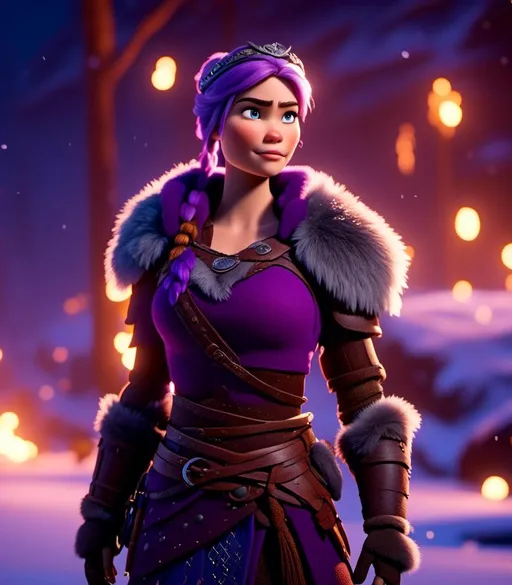 Prompt: <mymodel>CGI Animation, digital art, 20-year-old-old viking woman with light blue eyes, she looks very sad and angry, standing in a battle arena at night in the snow, purple hair with purple strands, single braid down her shoulder with a tiara, unreal engine 8k octane, 3d lighting, close up camera shot on the face, full armor