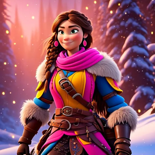 Prompt: <mymodel>CGI Animation, 20-year-old-old pirate woman, riding a horse through the snow, a snowy scene, {{pink gear, yellow armor}}, brunette hair, dreadlocks, subtle smile, beads hair, small pink earrings, multiple braids, pink gear, straight hair, blue eyes, bracelets, rings on fingers, mercenary gear, unreal engine 8k octane, 3d lighting, full armor