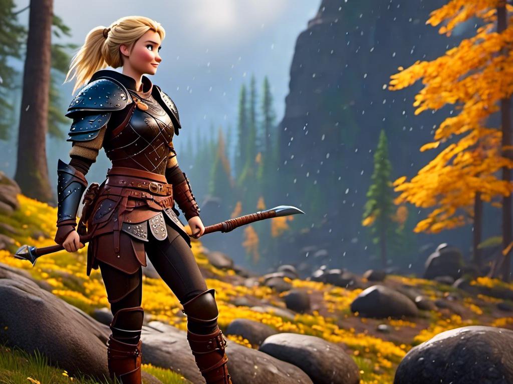 Prompt: <mymodel>CGi Animation, 20-year-old viking woman with blue eyes, she is wearing a helmet, a rainy scene, she is sitting on a boulder in a forest, the viking woman has a subtle smile with it pouring down rain, blonde hair in a ponytail style, she has blue gear, gold armor, black pants, black boots