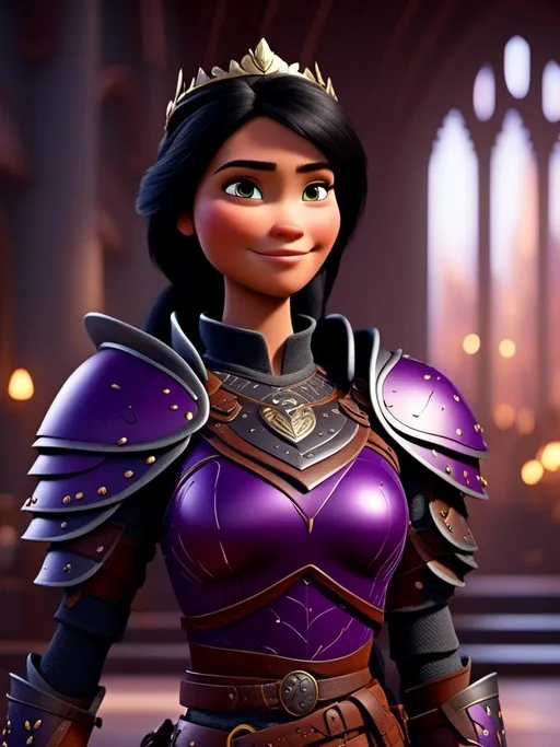 Prompt: <mymodel>CGI Animation, digital art, 20-year-old-old viking woman of royalty standing in The Great Hall on the Isle of Berk, {{black gear, purple armor}}, black hair, straight hair with a tiara, subtle smile, unreal engine 8k octane, 3d lighting, close up camera shot on the face, full armor