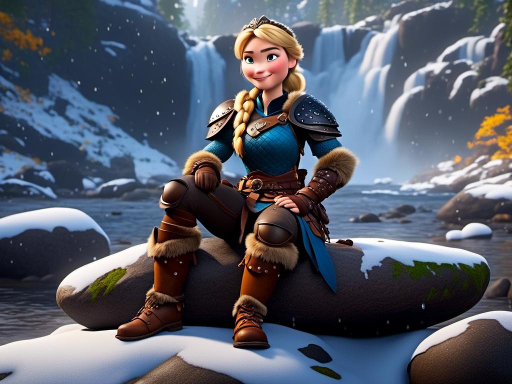 Prompt: <mymodel>CGi Animation, 20-year-old viking woman with blue eyes, ((she is wearing a tiara)), a rainy scene, she is sitting on a boulder in a forest, the viking woman has a subtle smile with it pouring down rain, blonde hair in a ponytail style, she has blue gear, gold armor, black pants, black boots