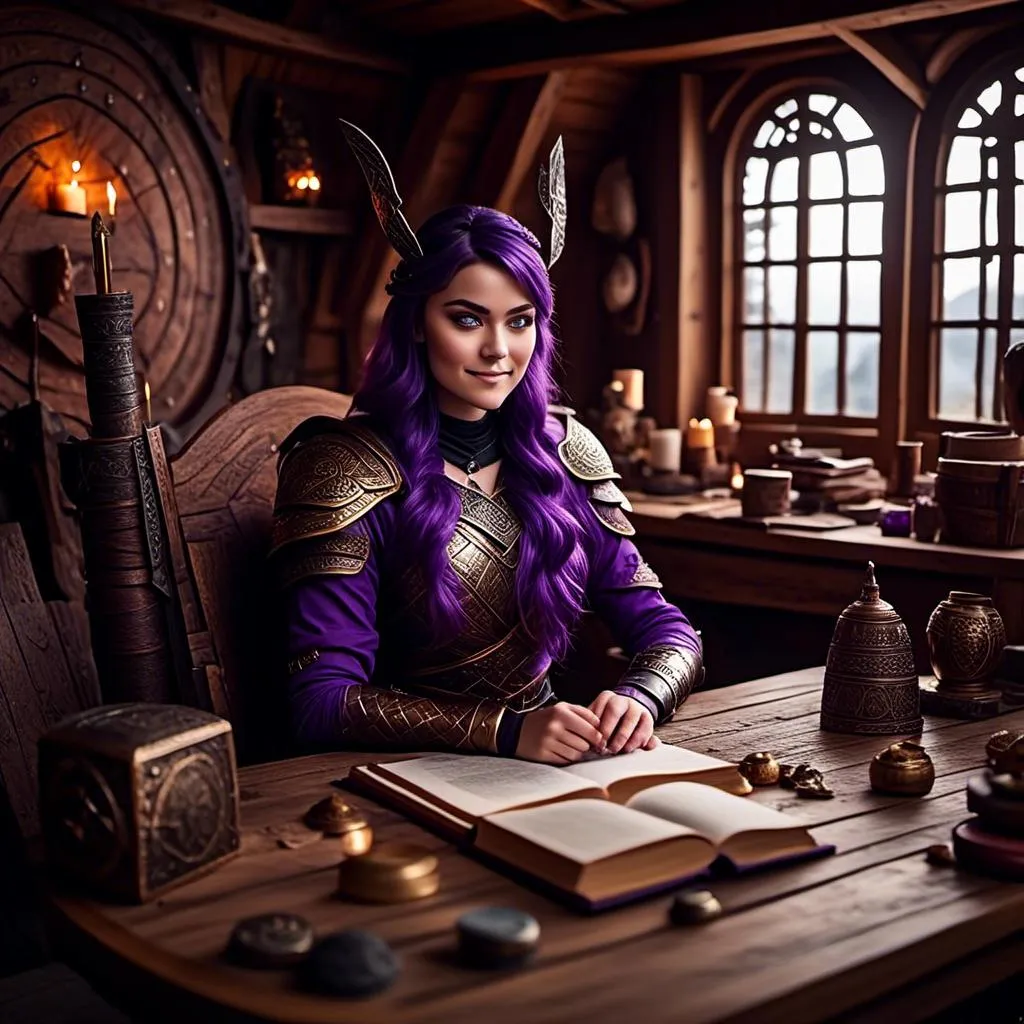 Prompt: Photo of <mymodel> with no armor casually relaxing sitting at a desk in her viking house